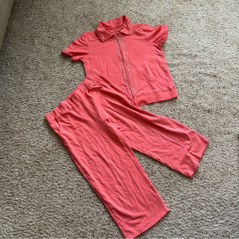 Onque Casuals 2-pc Lounge Suit Embellished Cotton Blend Top Size L Pants Sz XL
